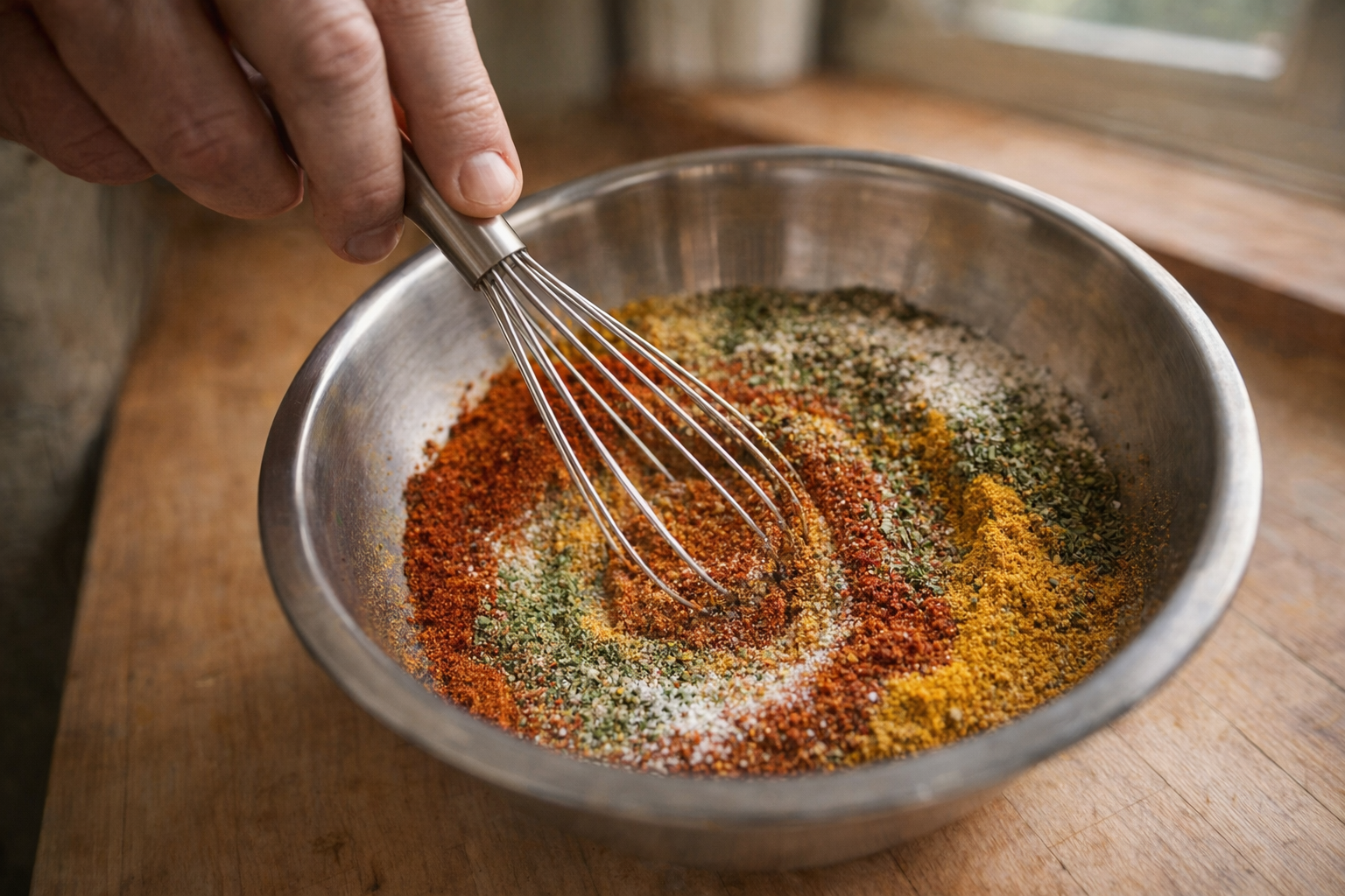 A close-up action shot of a hand using a whisk to combine the various spices in a stainless steel mixing bowl, vibrant colors of the spices blending together, kitchen setting with blurred background